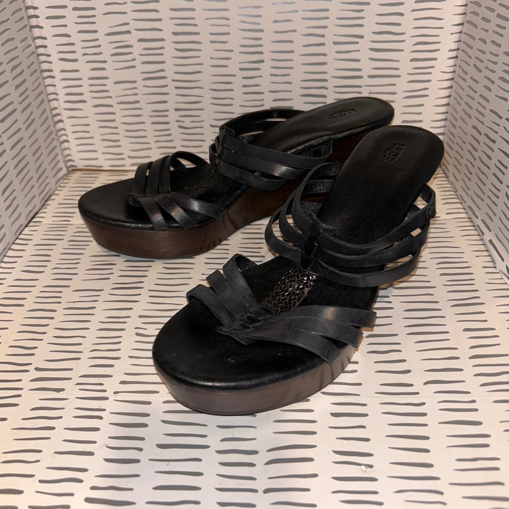 UGG Mattie Black Leather Strappy Wedge Sandals Stacked 3" Inch Heel Platform 10